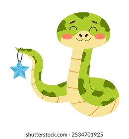 Cute snake holding a festive Christmas decoration. Fun holiday animal design.