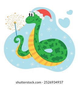 Cute snake holding sparkler. New Year snake isolated on white background. Chinese New Year 2025 symbol, talisman, reptile in Santa hat. Asian lunar animal. Vector illustration for New Year cards