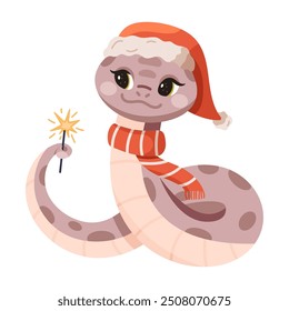 Cute snake holding sparkler in tail. New Year snake isolated on wahite background. Chinese 2025 New Year symbol, CNY mascot, animal character in Santa hat. Asian lunar animal. Friendly characters 