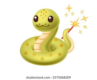 Cute snake holding sparkler with it tail. Cartoon animal design. Vector illustration isolated on white background