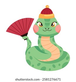 Cute snake holding a traditional Chinese fan isolated vector illustration