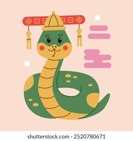 Linda ilustración de serpiente en estilo plano para el Año de la Serpiente 2025, con Elementos festivos chinos y sombrero tradicional. Ideal para tarjetas de Año Nuevo, diseños y celebraciones en estilo zodiaco chino.