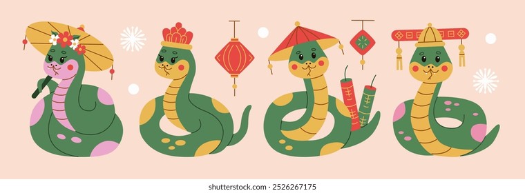 Cute snake illustrations celebrating Chinese traditions in flat style, featuring vibrant hats, lanterns, and fireworks. Perfect for 2025 themed designs, festive occasions, or children's products.