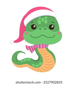 Personagem kawaii cobra bonito símbolo de ano novo lunar chinês. Cobra de animação isolada. Personagem fantástico cobra verde zodíaco oriental usando chapéu de Natal e cachecol. Bom para design divertido de férias de inverno.