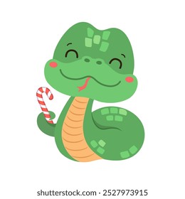 Cute snake kawaii character Chinese lunar new year symbol. Cartoon snake holding candy cane. Whimsical character oriental zodiac green snake isolated icon. Christmas and winter holiday fun design.