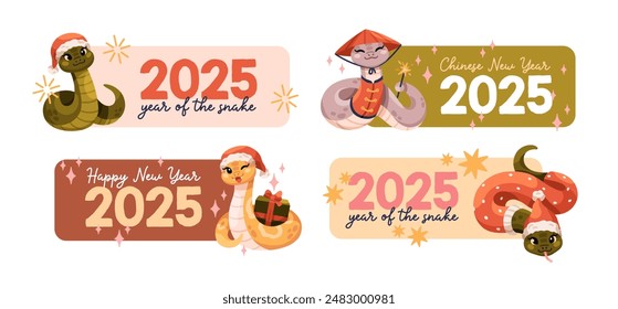 Cute snake mascots, Chinese New Year, horizontal stickers. Happy 2025 CNY, festive decoration design. Asian holiday decor set. Decorative flat vector illustrations isolated on white background