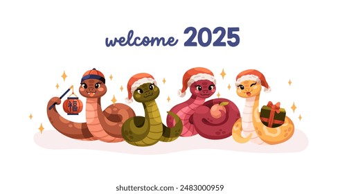 Cute snake mascots, welcoming Chinese New Year 2025. Happy cute kawaii 2k25 CNY symbol. Adorable kids animal characters, festive card design. Flat vector illustration isolated on white background