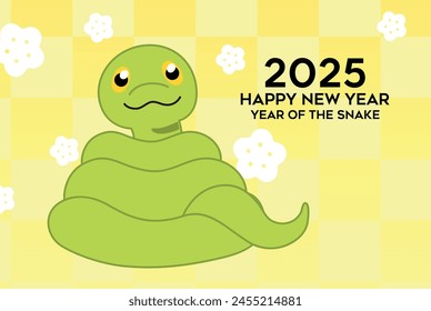 Cute snake new year greeting card. Chinese new year of the snake 2025. Happy lunar new year celebration vector card illustration with plum blossoms flowers pattern.
