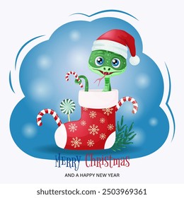 Serpiente linda en un calcetín de Año Nuevo. Año Nuevo y tarjeta de Navidad. Ilustración vectorial
