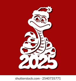 Cute snake on the number 2025. Decorative decoration - a symbol of the Chinese New Year. Cartoon character wearing a Santa Claus hat. Template for plotter laser cutting of paper,  wood carving, cnc.