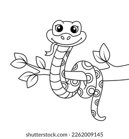 Cute snake on tree. Black and white vector illustration for coloring book