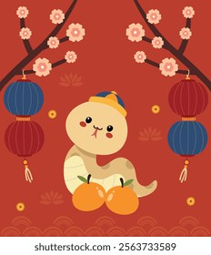 Cute Snake with Oranges Sitting Under the Chinese New Year Tree