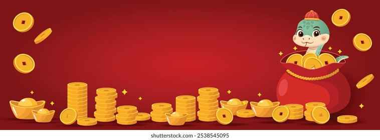A cute snake peeks out of a bag filled with golden coins. Stacks of coins and gold ingots are scattered around.