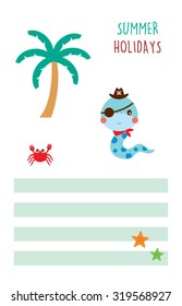 cute snake pirate summer holidays tag vector