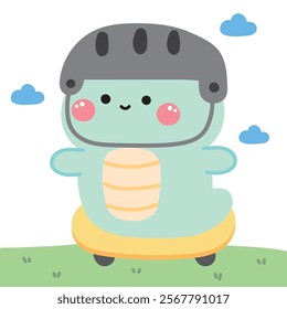 Cute snake play skateboard on grass sky cloud background.Chinese zodiac 2025.Reptile animal caracter cartoon design.Kawaii.Vector.Illustration.