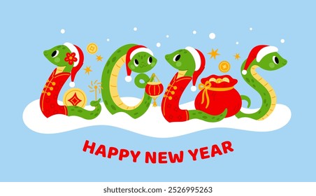 Cute snake poster. 2025 New Year. Chinese zodiac cartoon characters. Serpent number shapes. Funny animal horoscope symbol. Reptile with Christmas hat. Holiday card