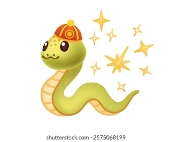 Cute snake with red festive chinese. Arrange of golden stars and sparkles on background. Cartoon animal design. Vector illustration isolated on white background