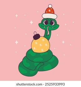 Cute snake in Santa Claus hat with Christmas tree toy. Symbol of Chinese New Year 2025. Vector illustration in retro groovy style