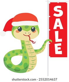 Cute snake with santa claus hat holding sale sign. Year of the Serpent of Chinese zodiac sign.