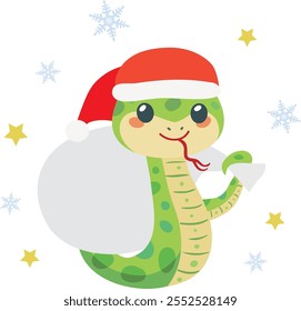 A cute snake with santa claus hat holding a sack. Year of the Serpent of Chinese zodiac sign.