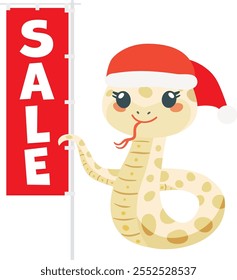 Cute snake with santa claus hat holding sale sign. Year of the Serpent of Chinese zodiac sign.