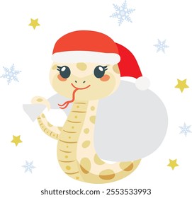 A cute snake with santa claus hat holding a sack. Year of the Serpent of Chinese zodiac sign.