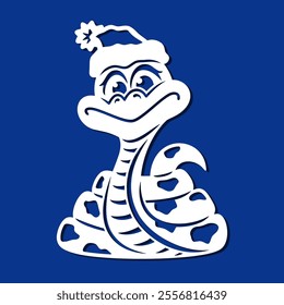 Cute snake in Santa Claus hat. Cartoon character, symbol of Chinese New Year. Spotted funny python. Vector template for plotter laser cutting of paper, fretwork, wood carving, metal engraving, cnc. 