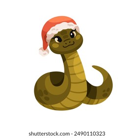 Cute snake in santa hat, cap. Happy smiling animal character, Chinese New Year symbol. Kawaii Christmas mascot, Asian zodiac. Kids flat cartoon vector illustration isolated on white background