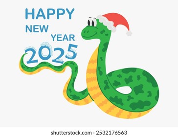 Cobra bonita em chapéu de Papai Noel. Feliz Ano Novo, Feliz Natal 2025. Ilustração vetorial para cartão de saudação, faixa, etiqueta