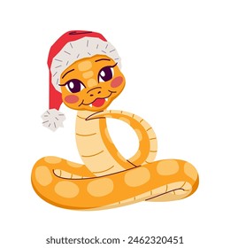 Cute snake in Santa hat putting head on tail 2D cartoon character. Celebrating Chinese New year with zodiac isolated vector animal white background