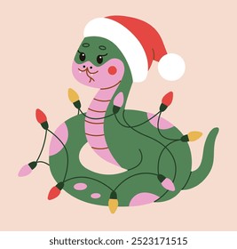 Cute snake in Santa hat wrapped in festive Christmas lights. Perfect flat style illustration for holiday-themed designs, greeting cards, and decorations.