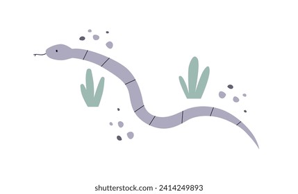 Cute snake in Scandinavian style. Serpent, viper crawling in nature. Kids animal. Scandi nordic invertebrate fauna. Childish flat vector illustration isolated on white background