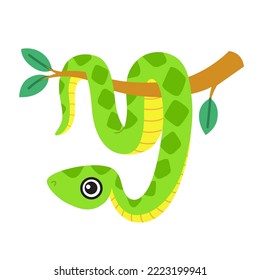 Serpiente linda, un serpiente boa sonriente colgando de una rama de árbol. Ilustración del vector aislada en un fondo blanco