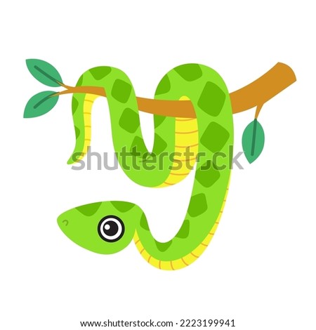 Cute snake, a smiling boa character hanging on a tree branch. Vector illustration isolated on a white background