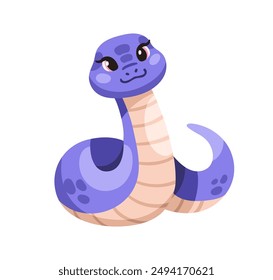 Cute snake smiling. Kawaii python, anaconda. Happy funny baby reptile animal character. Adorable comic cobra looking friendly. Kids flat cartoon vector illustration isolated on white background