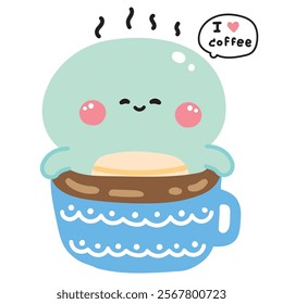 Cute snake stay in hot coffee cup.Chinese zodiac 2025.Reptile animal character cartoon design.Kawaii.Vector.Illustration.