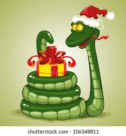 Cute snake (symbol of 2013 year) in Santa's hat with Christmas gift. Vector illustration.