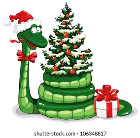 Cute snake (symbol of 2013 year) in Santa's hat with Christmas tree and gift. Vector illustration.