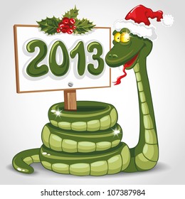 Cute snake (symbol of 2013 year) in Santa's hat. Vector illustration.