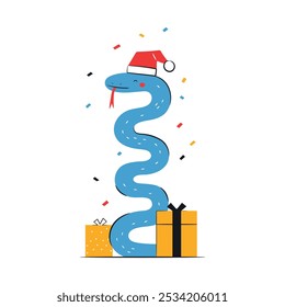 Cute snake - symbol of chinese New Year in a Santa hat with gifts and confetti. Greeting card 2025 in cartoon style. Isolated on white background. Vector flat illustration.