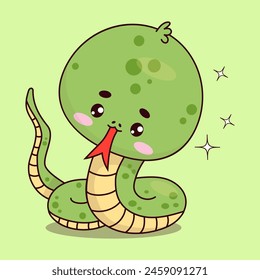 Cute snake with tongue sticking out. Funny reptile kawaii character. Vector illustration with cartoon serpent. Kids collection.