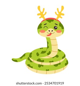 Cute snake wearing a New Year headband with reindeer antlers. Fun holiday animal design.