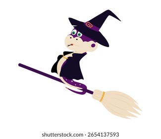Cute Snake in Witch Hat and cloak flying on broom Flying Halloween Fun Character design Element idea