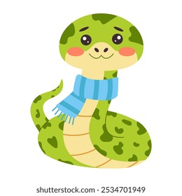 Cute snake wrapped in a warm woolen scarf. Charming animal design.