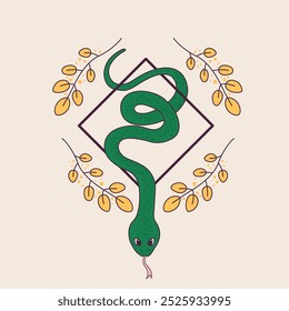 Cute snake wriggles decorative branches around. Symbol of Chinese New Year 2025. Vector illustration in retro style