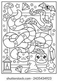 Cute snakes, bats, mushrooms, magic. Coloring book for children. Coloring book for adults. Halloween.