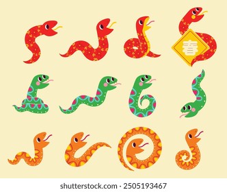 Cute snakes in different movements and color, flat style design