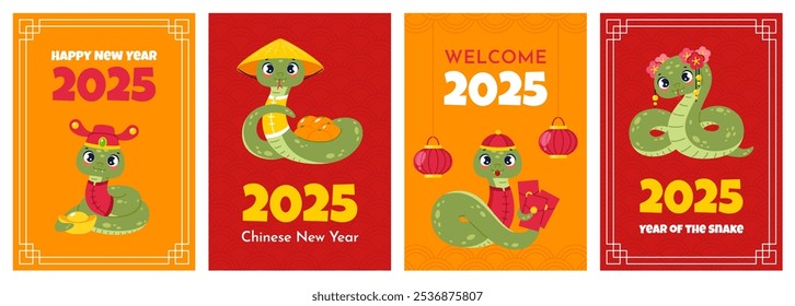 Cute snakes greeting cards. Happy 2025 new year celebration, funny animals, chinese horoscope traditional symbols, asian zodiac cartoon characters, festive posters. Vertical banners, vector set