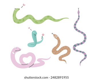 Cute snakes with love emotion in cartoon drawing.