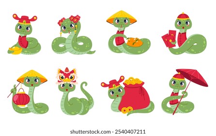 Cute snakes. New year 2025 symbol, chinese zodiac animal, funny horoscope reptile mascot, cartoon character, luck and money traditional symbol, well being, vector isolated cartoon flat set